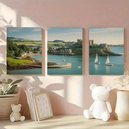 3pcs Seaside Village Sailboats Painting Metal Print Ready to Hang Art