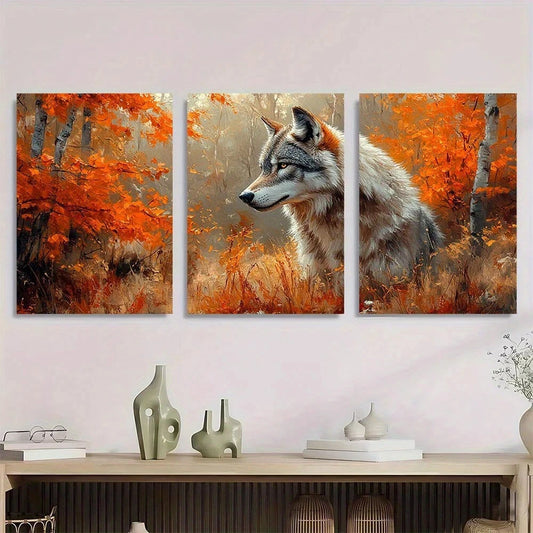 3pcs Wolf Animal Orange Scenery Metal Print Ready to Hang Art