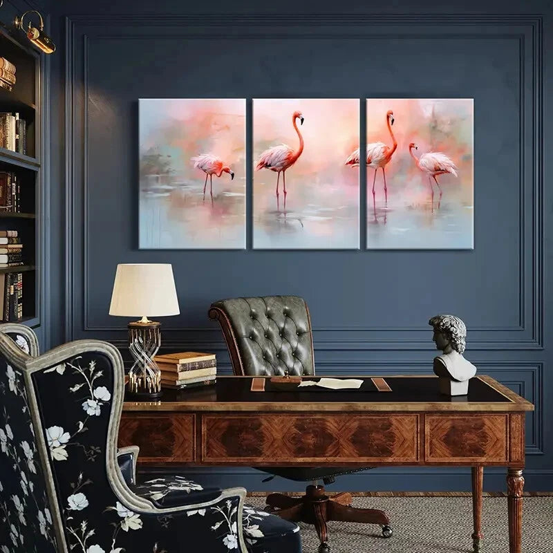 3pcs Pink Flamingo Abstract Animal Art Soft Colors Metal Print Ready to Hang Art
