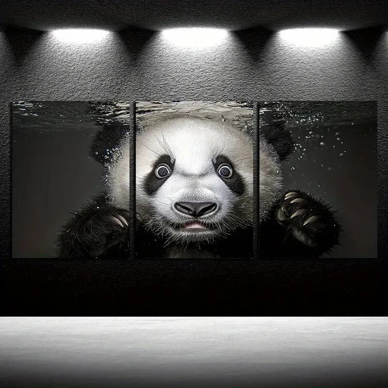3pcs Swimming Panda Modern Design Metal Print Ready to Hang Art