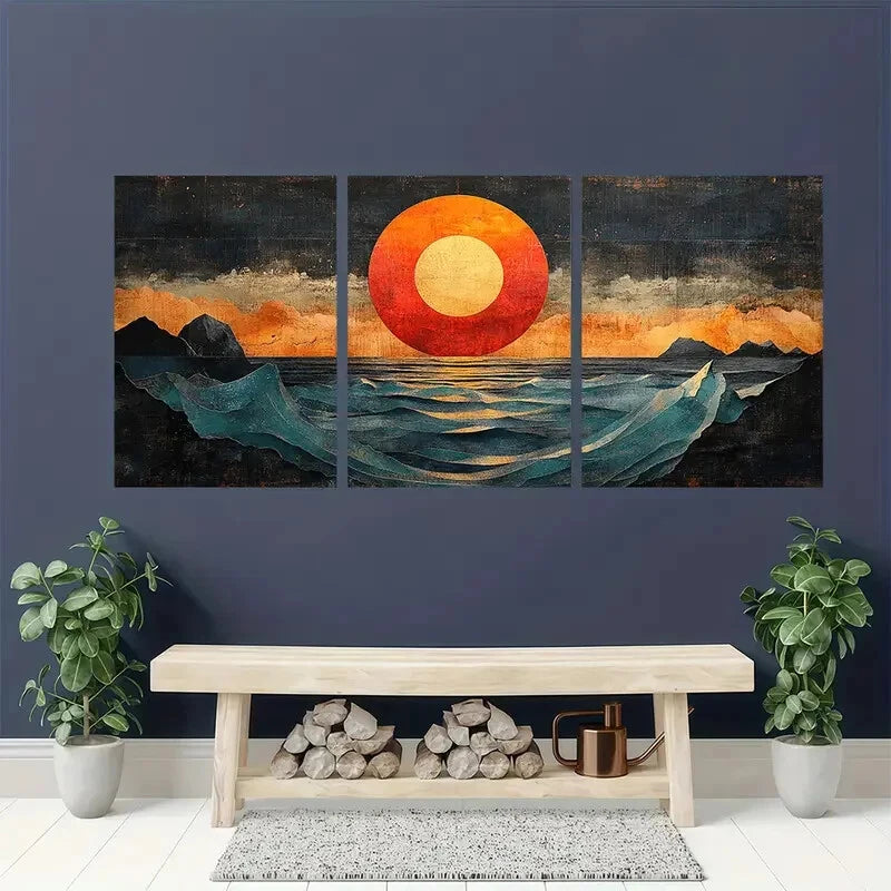3pcs Abstract Ocean Vibrant Sunset & Wave Design Metal Print Ready to Hang Art