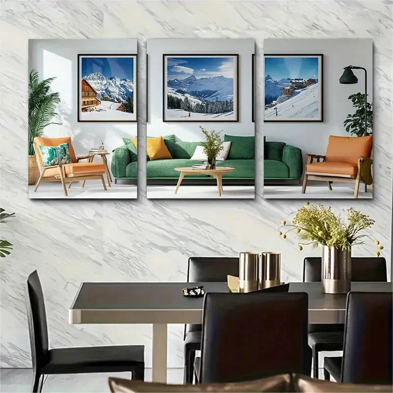 3pcs Swiss Alps Ski Scene &Serene Alpine Landscape Metal Print Ready to Hang Art