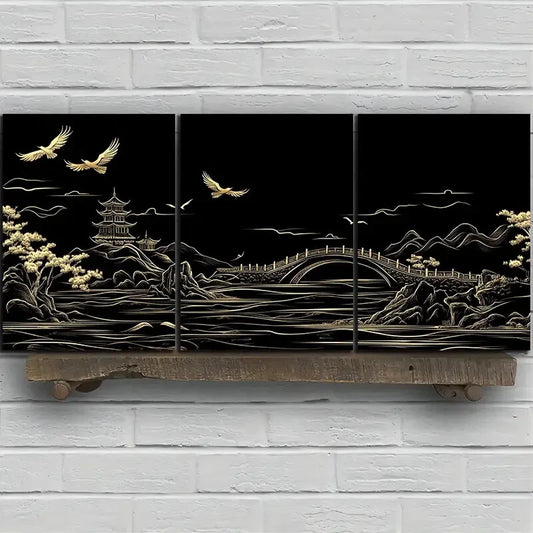 3pcs Beautiful Arch Bridge Black & White Metal Print Ready to Hang Art