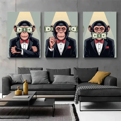 3pcs Monkey Money Tuxedo Animal Illustration Metal Print Ready to Hang Art