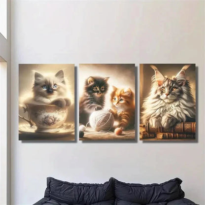 3pcs Cute Animal Cat Art Cat Murals Painting Metal Print Ready to Hang Art