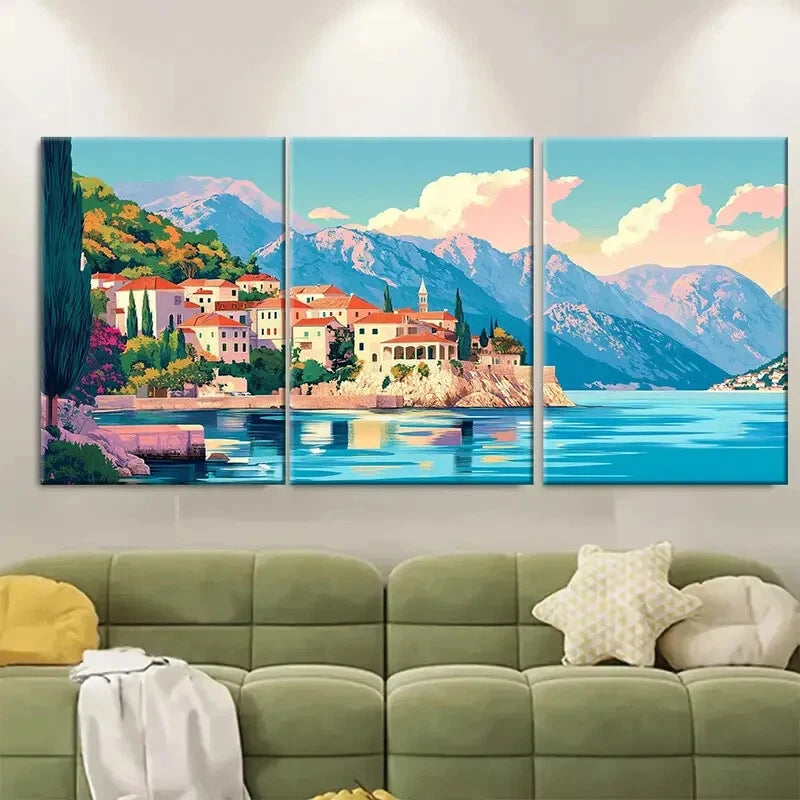3pcs Vibrant Coastal Town & Mountain Scenery Metal Print Ready to Hang Art