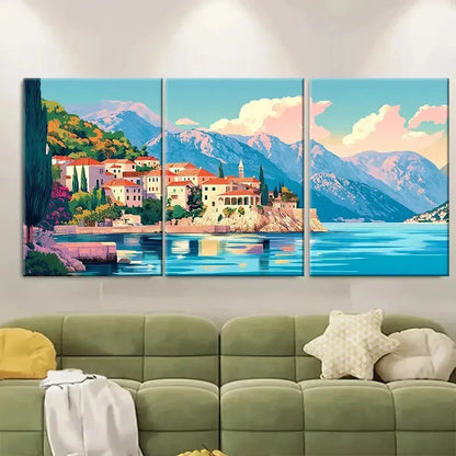3pcs Vibrant Coastal Town & Mountain Scenery Metal Print Ready to Hang Art