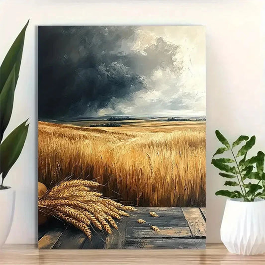 Beautiful Wheat Fields & Dramatic Skies Painting 40x60cm Metal Print Ready to Hang