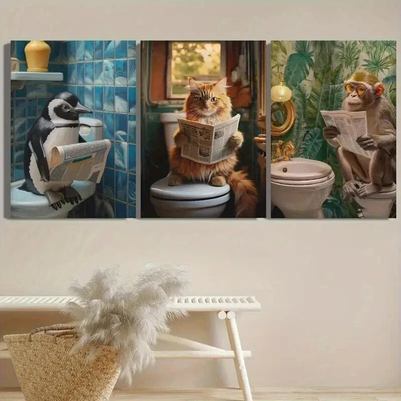 3pcs Penguin Cat And Monkey Art Sitting On Toilet Metal Print Ready to Hang Art