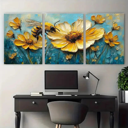 3pcs Daisy Honeybee Flowers with Blue Background Metal Print Ready to Hang Art