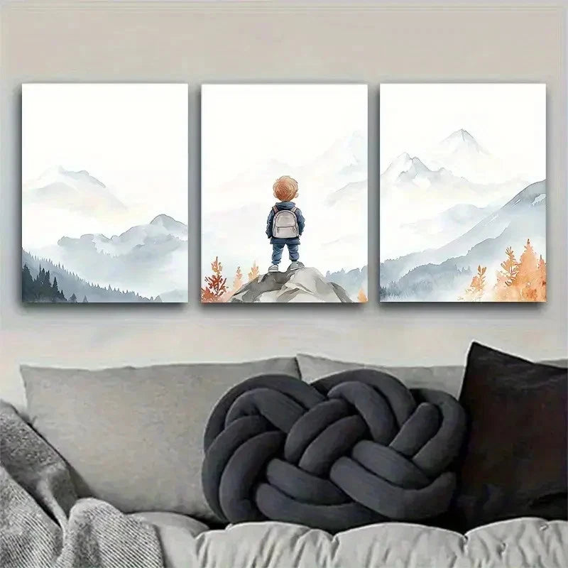 3pcs Boys' Mountain and Watercolor Scenery Metal Print Ready to Hang Art