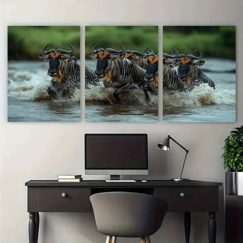 3pcs Wildebeest Migration Mara River Crossing Metal Print Ready to Hang Art