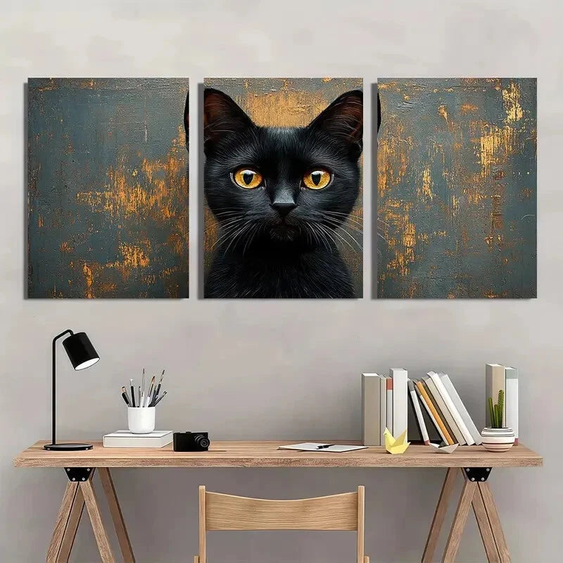 3pcs Black Cat Golden & Teal Animal Metal Print Ready to Hang Art