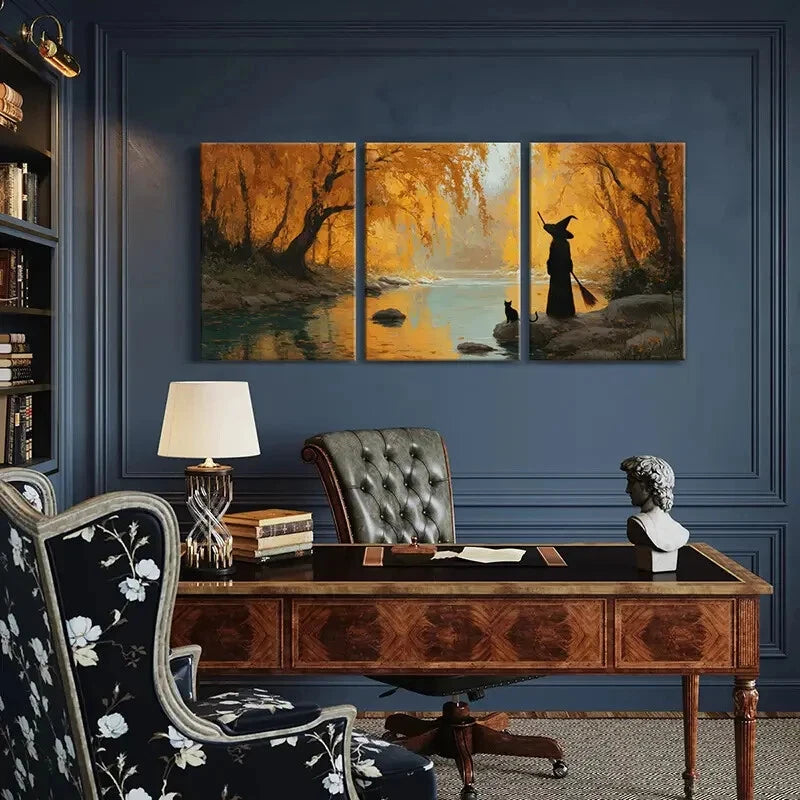 3pcs Autumn Forest Witch Cat River Landscape Metal Print Ready to Hang Art