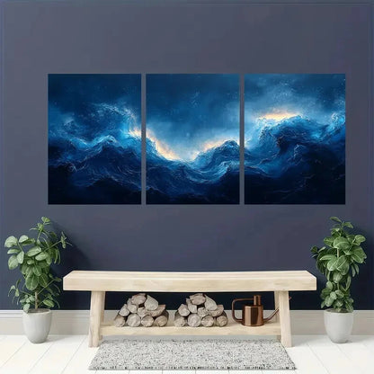 3pcs Abstract Ocean Waves Blue & Golden Hues Metal Print Ready to Hang Art