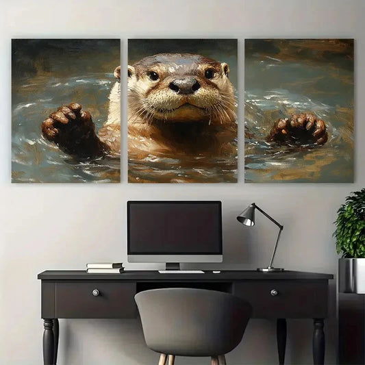 3pcs Otter in Water Wild Animal Illustration Metal Print Ready to Hang Art