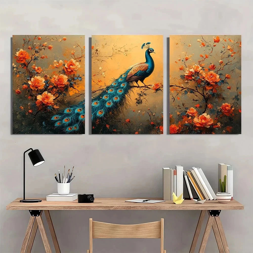 3pcs Vintage Renaissance Peacock Wall Art Set Canvas Framed 50x70cm - High Quality Print 100% Australian Made Wall Canvas Ready to Hang