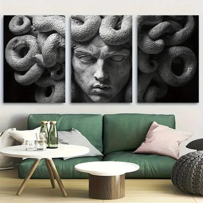 3pcs Medusa Stone Statue Mythology Design Metal Print Ready to Hang Art
