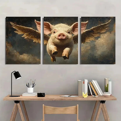 3pcs Vintage Flying Pig with Wings Metal Print Ready to Hang Art