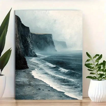 Beautiful Foggy Ocean & Rocky Cliffs Painting 40x60cm Metal Print Ready to Hang