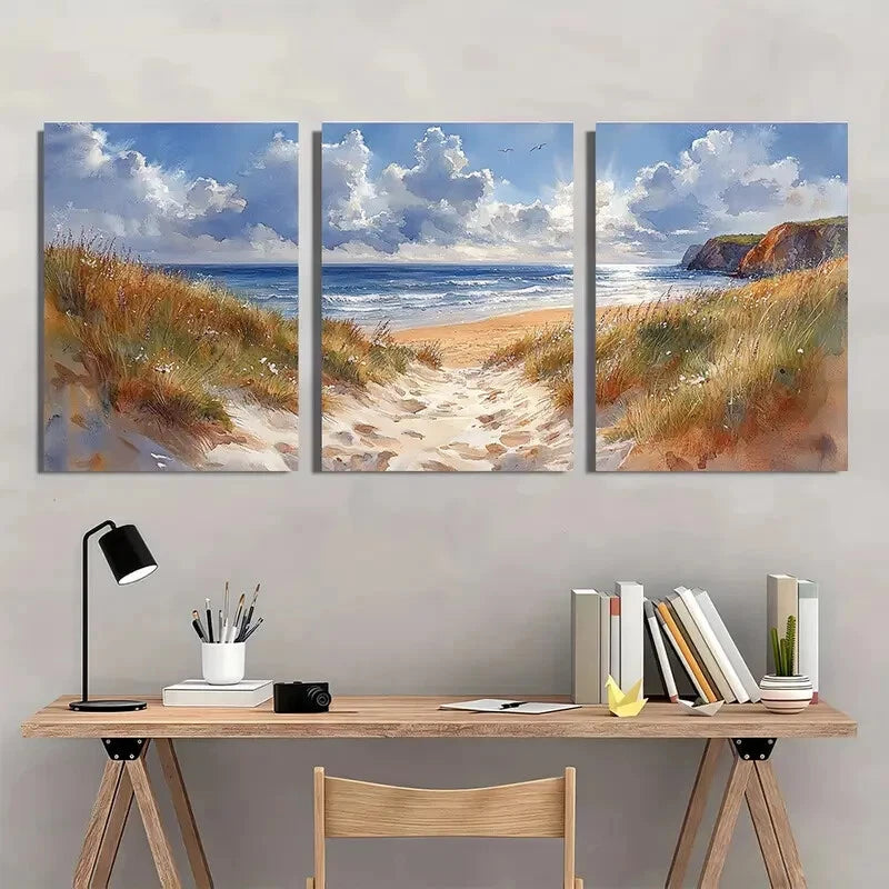 3pcs Coastal Seascape Scene Watercolor Art Metal Print Ready to Hang Art