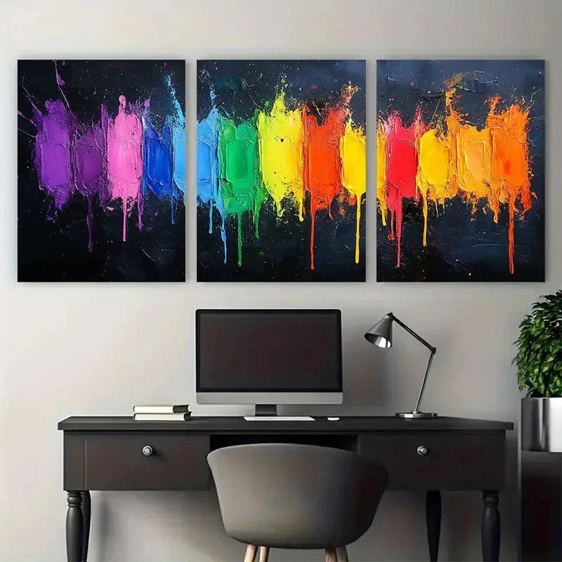 3pcs Vibrant Rainbow Splatter Abstract Modern Metal Print Ready to Hang Art