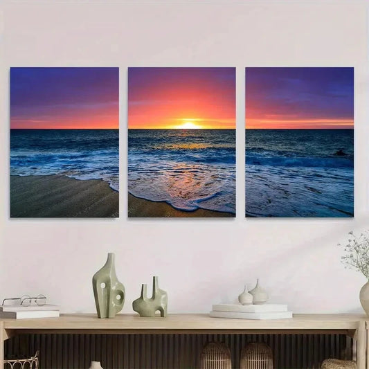 3pcs Sunset Beach Triptych Vibrant Sunset Hues Metal Print Ready to Hang Art