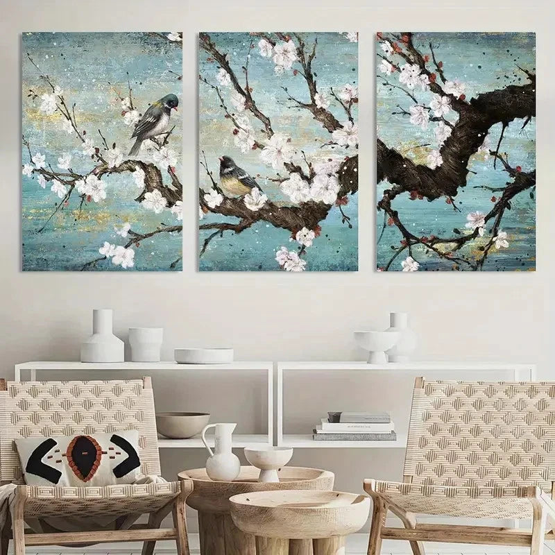 3pcs Traditional Painting Plum Blossom & Birds Metal Print Ready to Hang Art