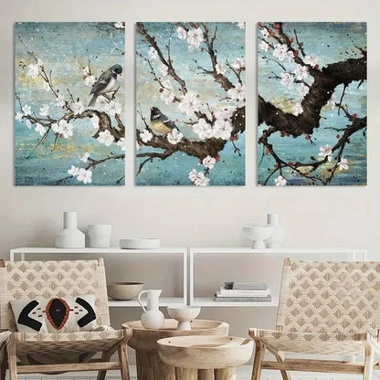 3pcs Traditional Painting Plum Blossom & Birds Metal Print Ready to Hang Art