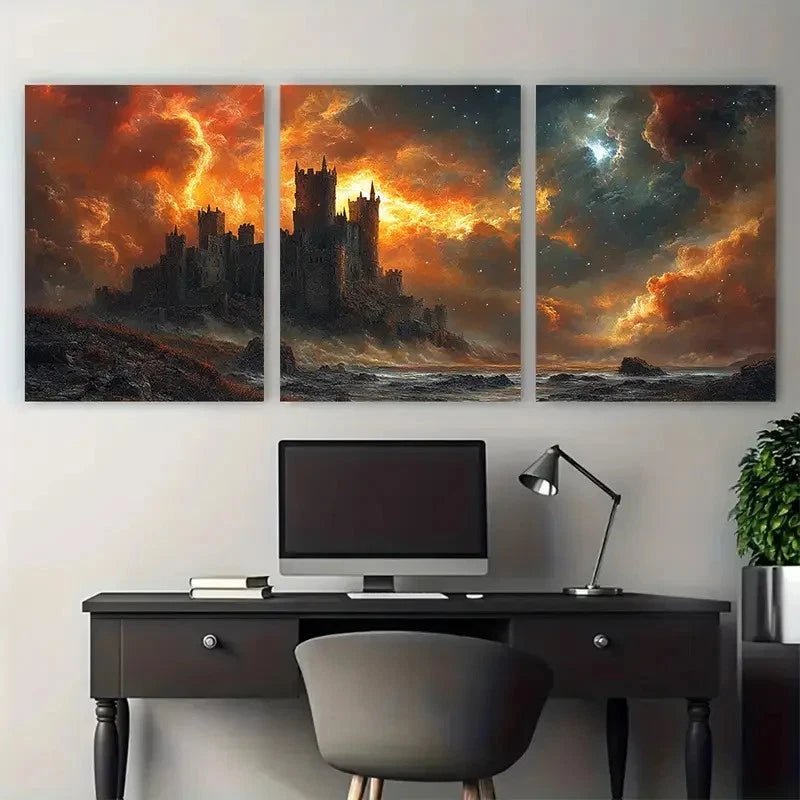 3pcs Medieval Fantasy Landscape with Gothic Castle Metal Print Ready to Hang Art