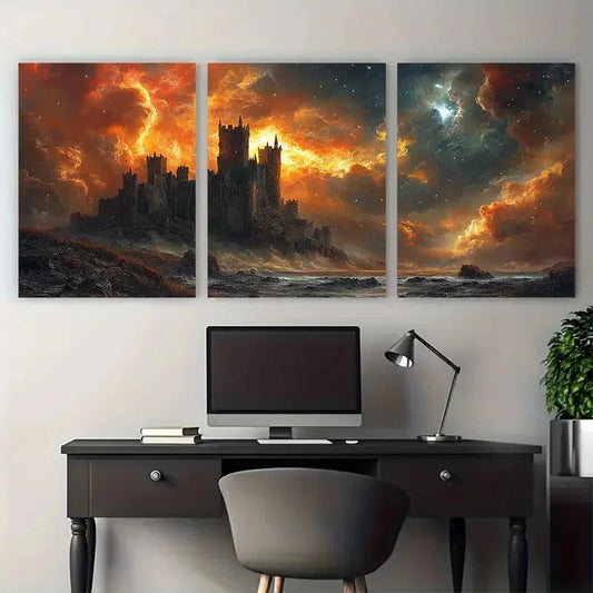 3pcs Medieval Fantasy Landscape with Gothic Castle Metal Print Ready to Hang Art