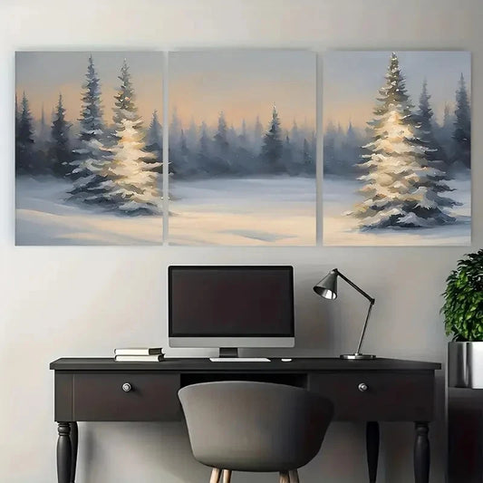 3pcs Snowy Pine Trees and Moonlit Night Scene Metal Print Ready to Hang Art