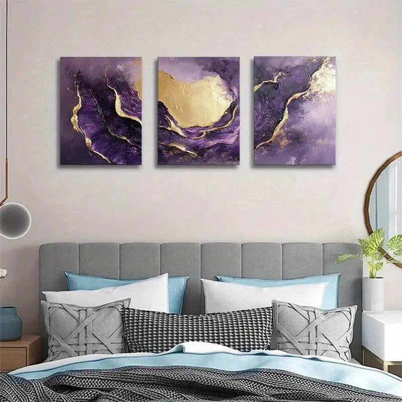 3pcs Purple and Golden Abstract Fluid Art Metal Print Ready to Hang Art