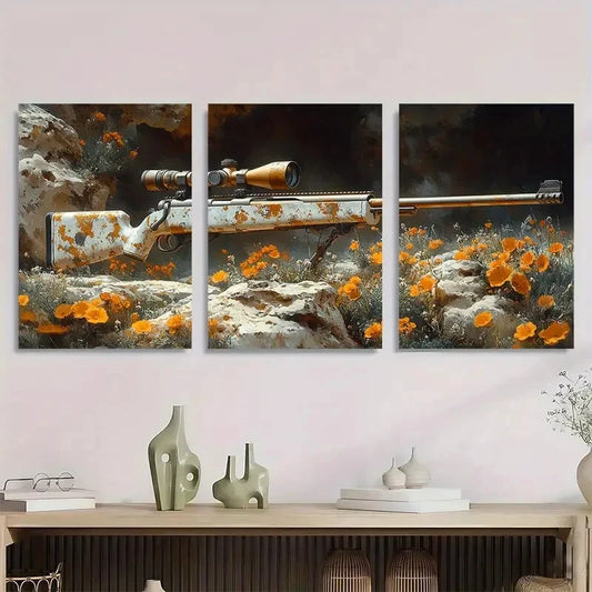 3pcs Vintage Rifle Rustic Hunting Scene Metal Print Ready to Hang Art