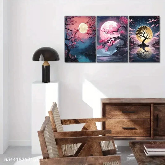 3pcs Vintage Plum Blossom and Sun Decoration Metal Print Ready to Hang Art