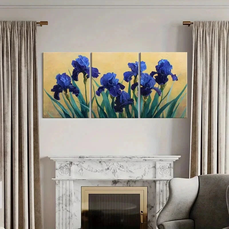 3pcs Blue Iris Flowers Abstract Art Poster Metal Print Ready to Hang Art