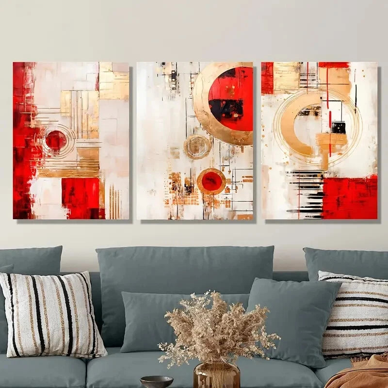 3pcs Red Abstract Geometry Paintings Metal Print Ready to Hang Art