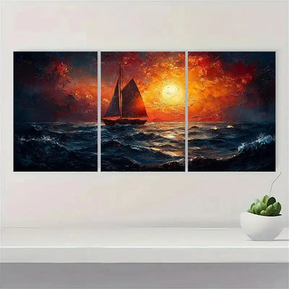 3pcs Vibrant Sailboat Seascape Oil Paintings Metal Print Ready to Hang Art