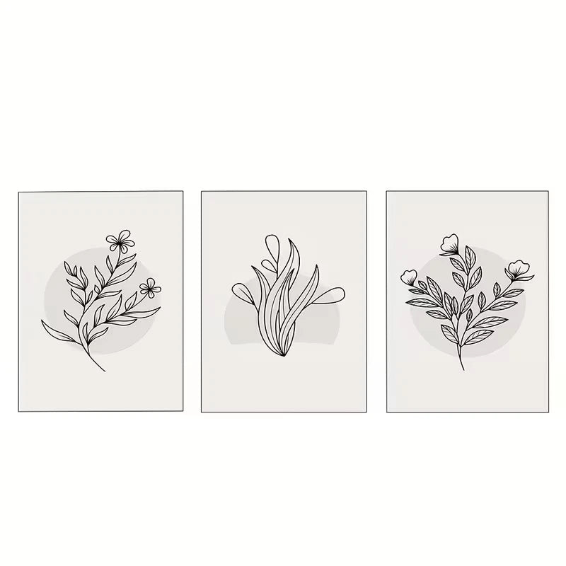 3pcs Minimalist Gray Botanical line drawings Wall Art Set Canvas Framed 50x70cm - High Quality Print 100% Australian Made Wall Canvas Ready to Hang