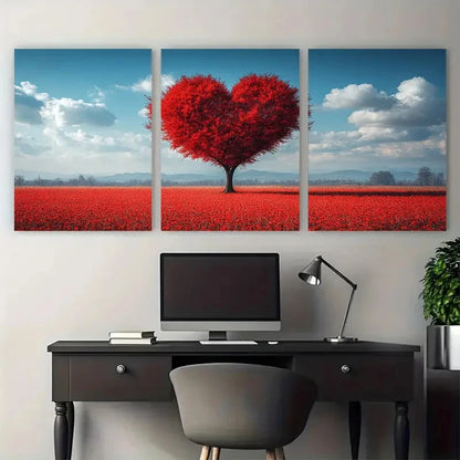 3pcs Romantic Heart Shaped Tree Red Meadow Scene Wall Art Set Canvas Framed 50x70cm - High Quality Print 100% Australian Made Wall Canvas Ready to Hang