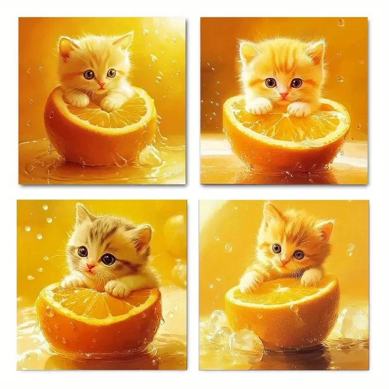 4pcs Playful Kitten & Orange Slices Wall Art Canvas Framed