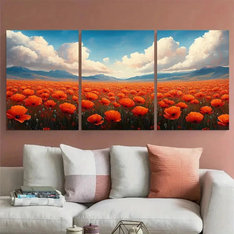 3pcs Blooming Poppy Field Illustration Metal Print Ready to Hang Art