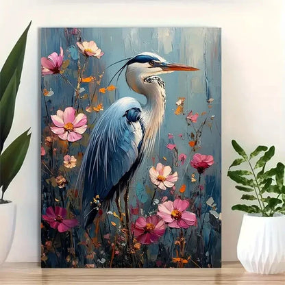 Beautiful Elegant Blue Heron Among Flowers Painting 60x90cm Metal Print Ready to Hang