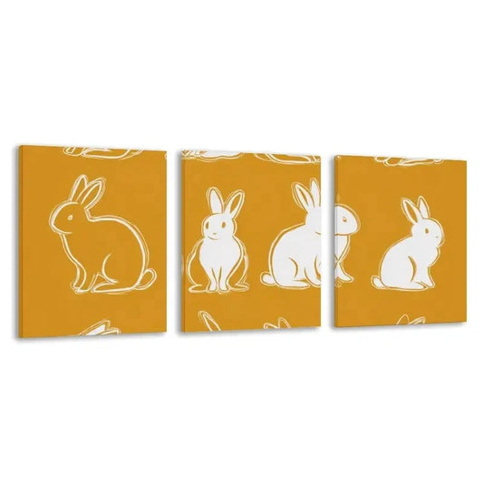 3pcs White Rabbits on Amber Background  Wall Art Set Canvas Framed 60x90cm - High Quality Print 100% Australian Made Wall Canvas Ready to Hang