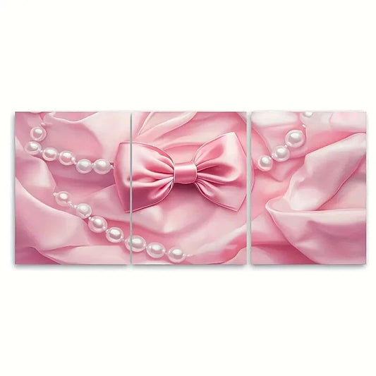 3pcs Aesthetic Pink Bow and Pearl Illustration Metal Print Ready to Hang Art