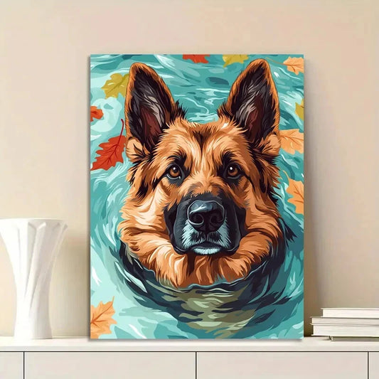 German Shepherd Swimming Dog Painting 40x60cm Metal Print Ready to Hang