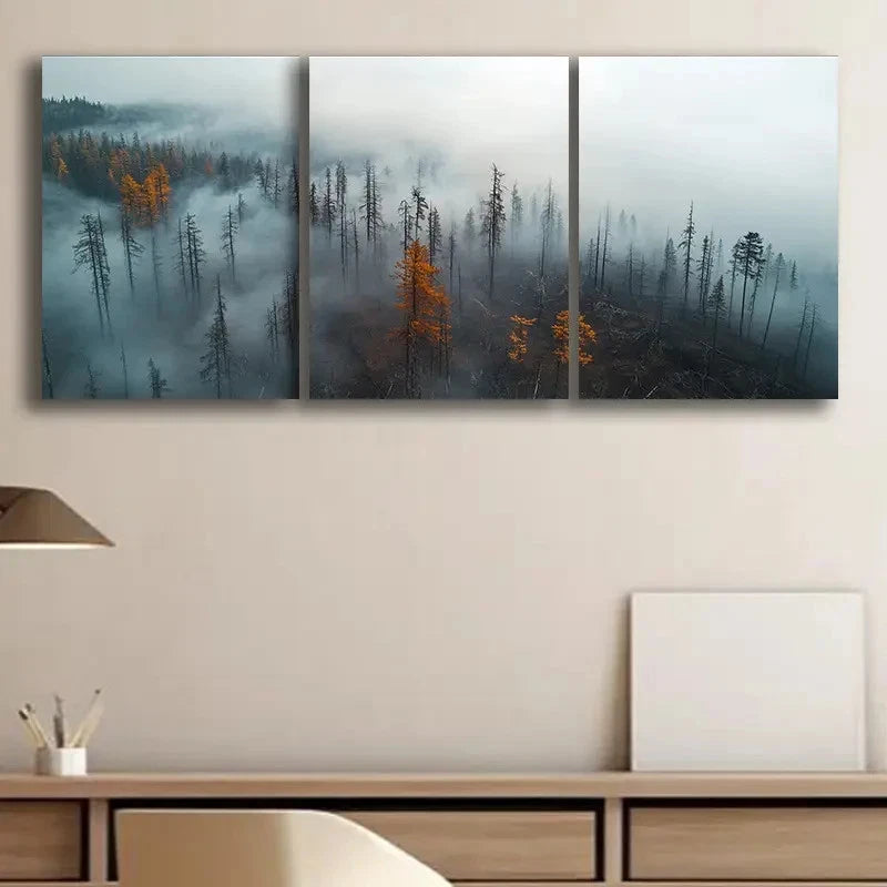 3pcs Foggy Forest Landscape Snow Capped Metal Print Ready to Hang Art