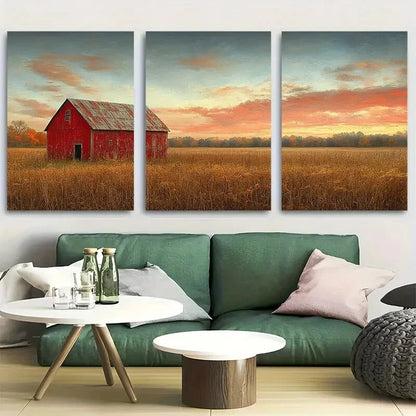 3pcs Red Barns and Golden Wheat Fields Design Metal Print Ready to Hang Art