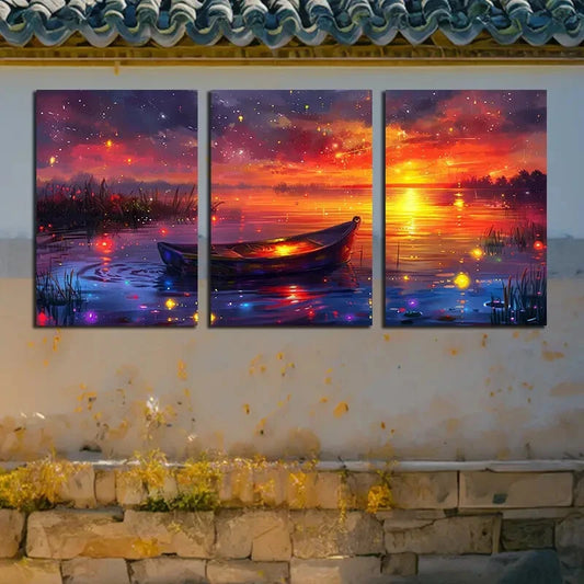 3pcs Small boat in the lake with Sunset view Metal Print Ready to Hang Art