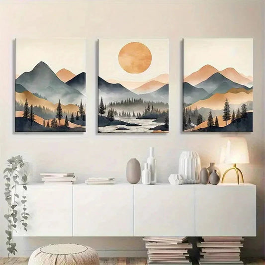 3pcs Abstract Landscape Warm Earth Tones Metal Print Ready to Hang Art